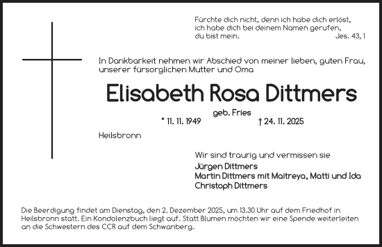Traueranzeige von Elisabeth Rosa Dittmers von Ansbach