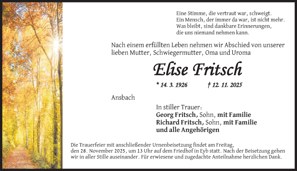  Traueranzeige für Elise Fritsch vom 22.11.2025 aus Ansbach
