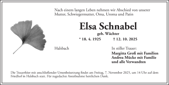 Traueranzeige von Elsa Schnabel von Dinkelsbühl/ Feuchtwangen