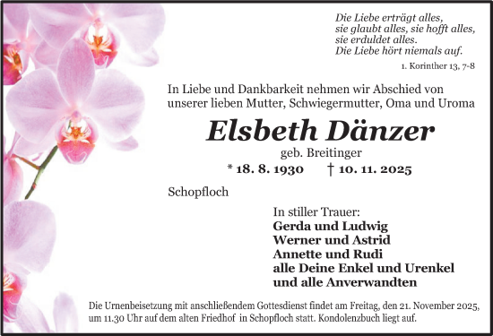 Traueranzeige von Elsbeth Dänzer von Dinkelsbühl/ Feuchtwangen