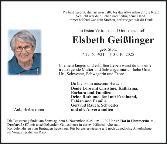 Traueranzeige von Elsbeth Geißlinger von Neustadt/ Scheinfeld/ Uffenheim