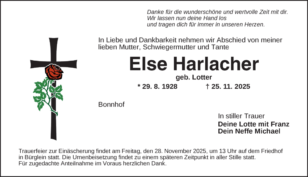  Traueranzeige für Else Harlacher vom 27.11.2025 aus Ansbach