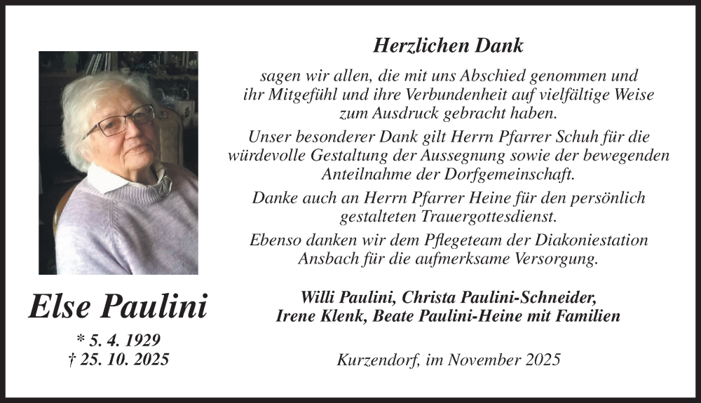  Traueranzeige für Else Paulini vom 22.11.2025 aus Ansbach