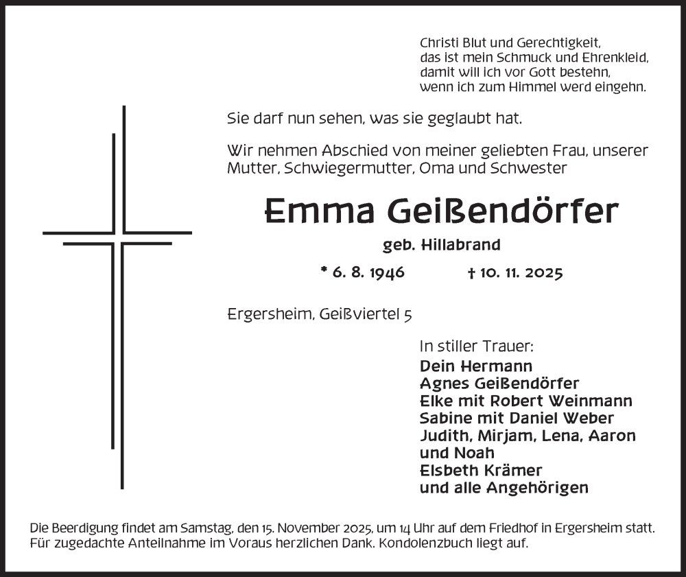  Traueranzeige für Emma Geißendörfer vom 13.11.2025 aus Neustadt/ Scheinfeld/ Uffenheim