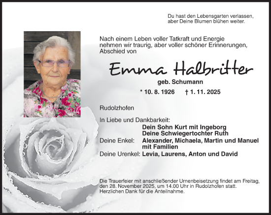 Traueranzeige von Emma Halbritter von Neustadt/ Scheinfeld/ Uffenheim