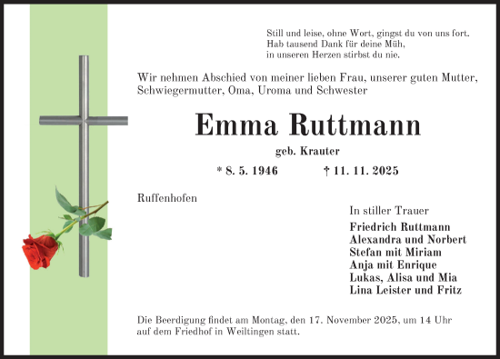 Traueranzeige von Emma Ruttmann von Dinkelsbühl/ Feuchtwangen