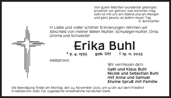 Traueranzeige von Erika Buhl von Ansbach