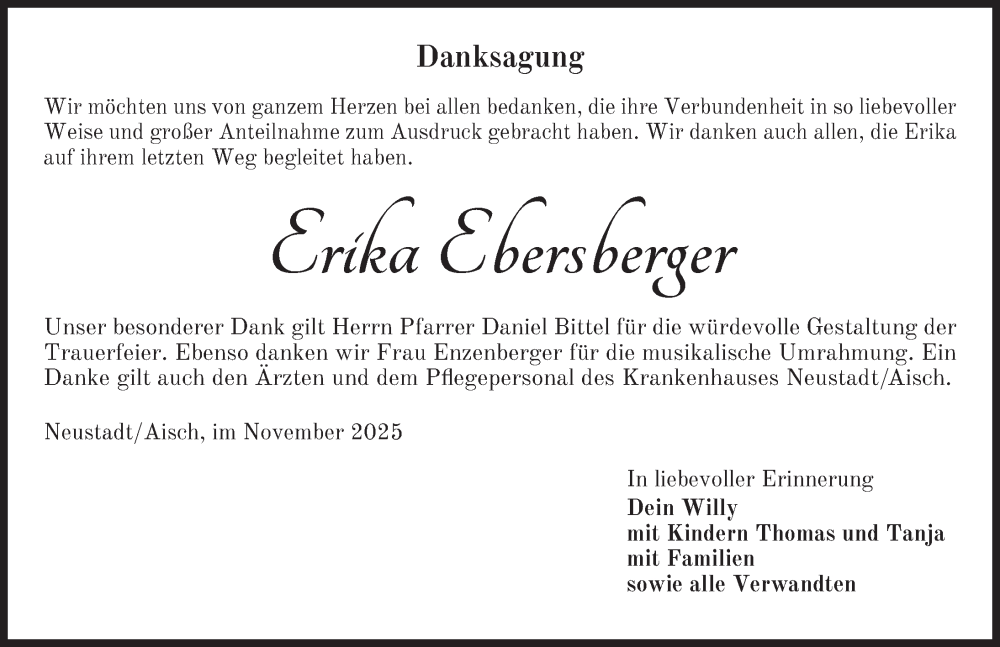  Traueranzeige für Erika Ebersberger vom 28.11.2025 aus Neustadt/ Scheinfeld/ Uffenheim
