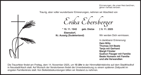 Traueranzeige von Erika Ebersberger von Neustadt/ Scheinfeld/ Uffenheim