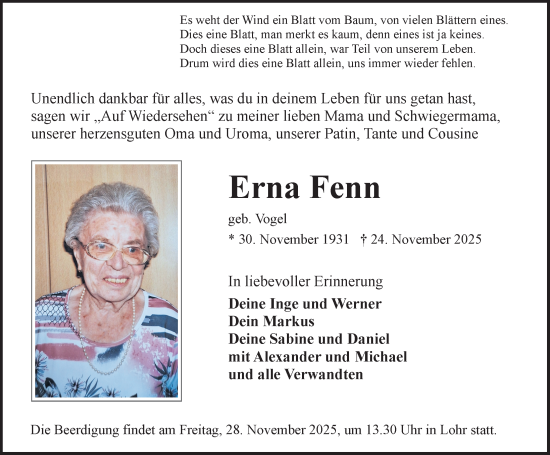 Traueranzeige von Erna Fenn von Rothenburg