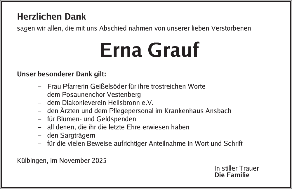  Traueranzeige für Erna Grauf vom 08.11.2025 aus Ansbach