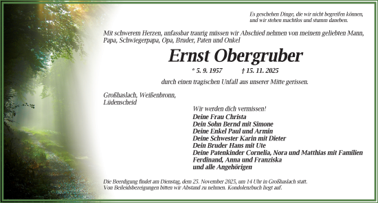 Traueranzeige von Ernst Obergruber von Ansbach