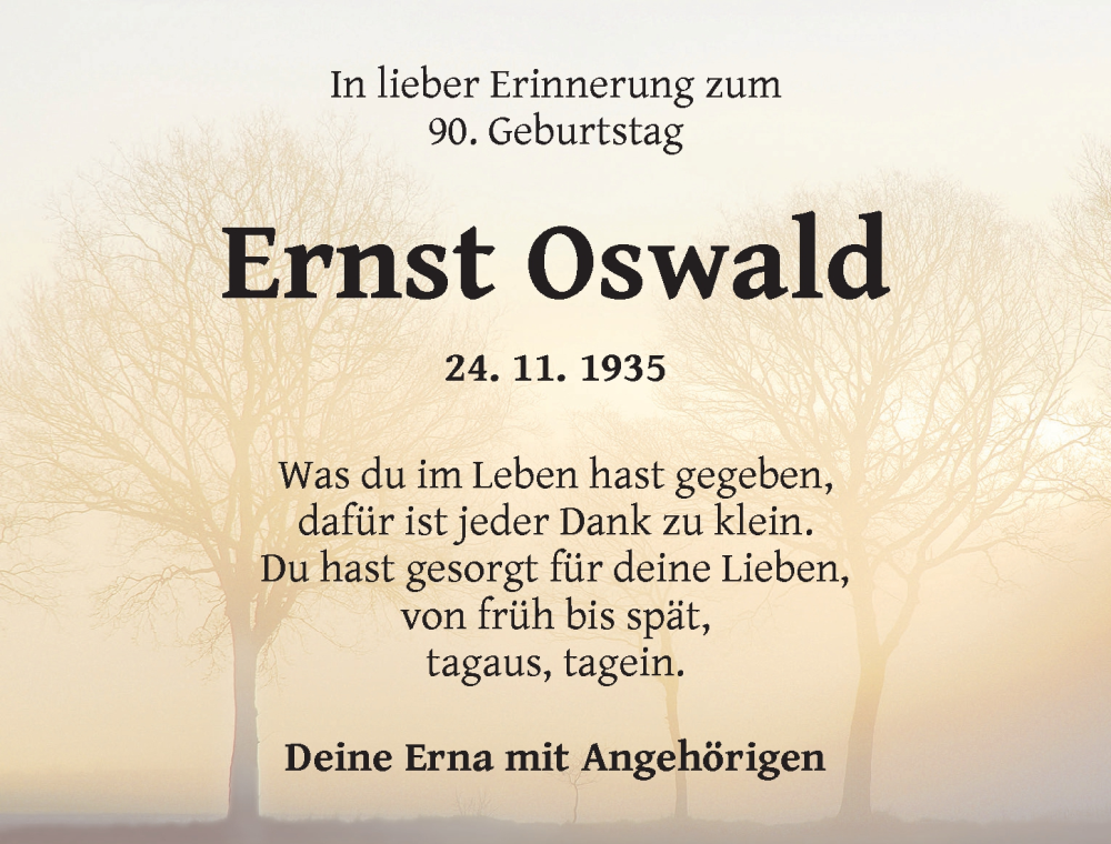  Traueranzeige für Ernst Oswald vom 22.11.2025 aus Ansbach