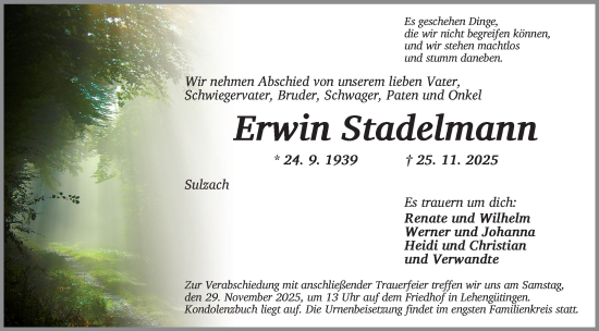 Traueranzeige von Erwin Stadelmann von Dinkelsbühl/ Feuchtwangen