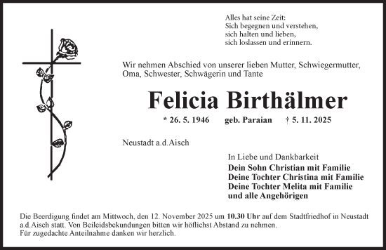 Traueranzeige von Felicia Birthälmer von Neustadt/ Scheinfeld/ Uffenheim