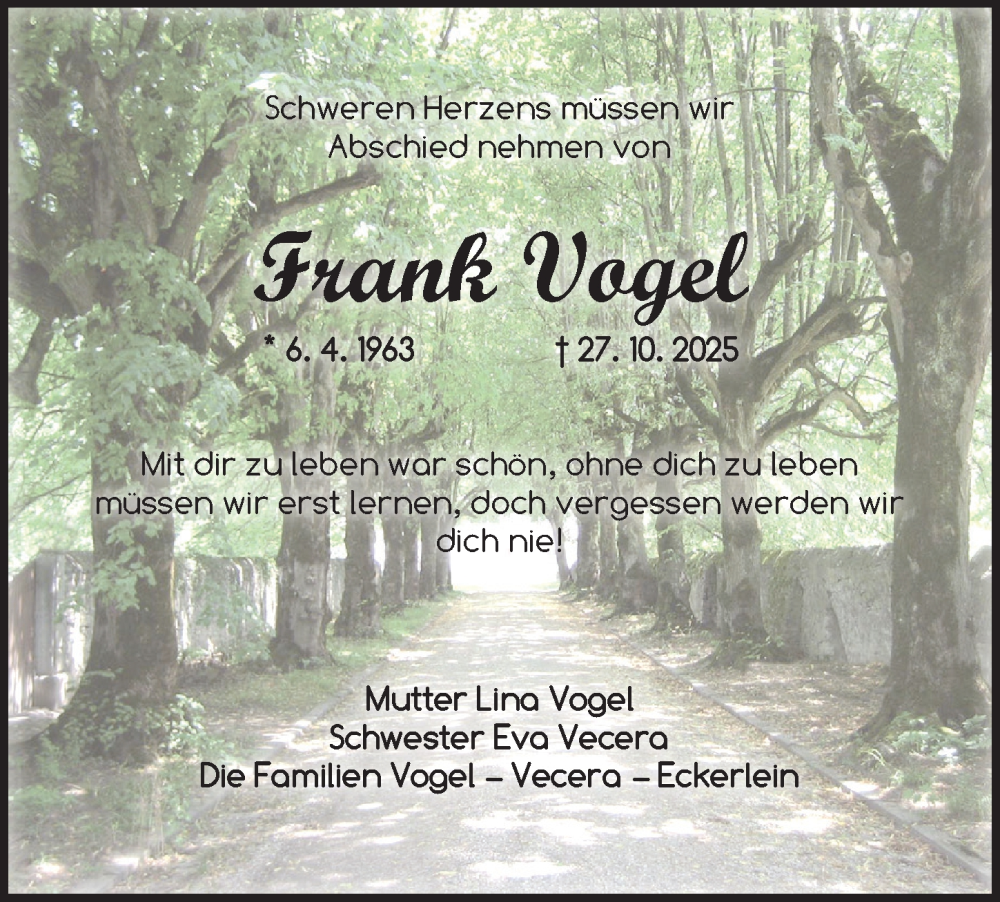  Traueranzeige für Frank Vogel vom 11.11.2025 aus Neustadt/ Scheinfeld/ Uffenheim