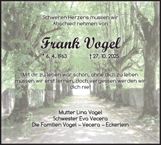 Traueranzeige von Frank Vogel von Neustadt/ Scheinfeld/ Uffenheim
