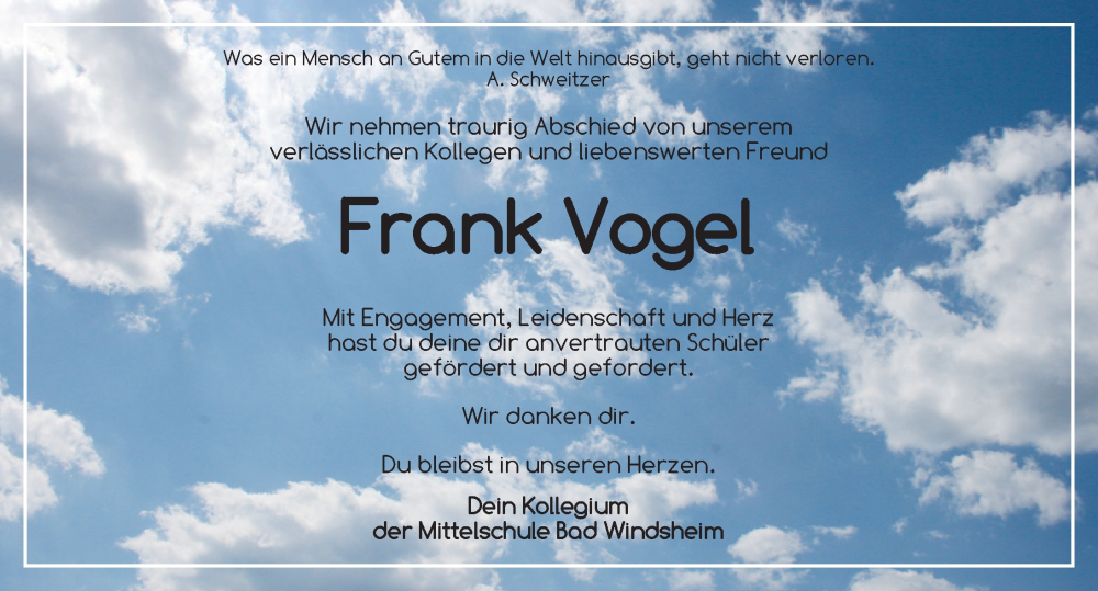  Traueranzeige für Frank Vogel vom 08.11.2025 aus Neustadt/ Scheinfeld/ Uffenheim