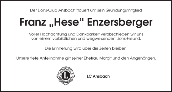 Traueranzeige von Franz Enzersberger von Ansbach
