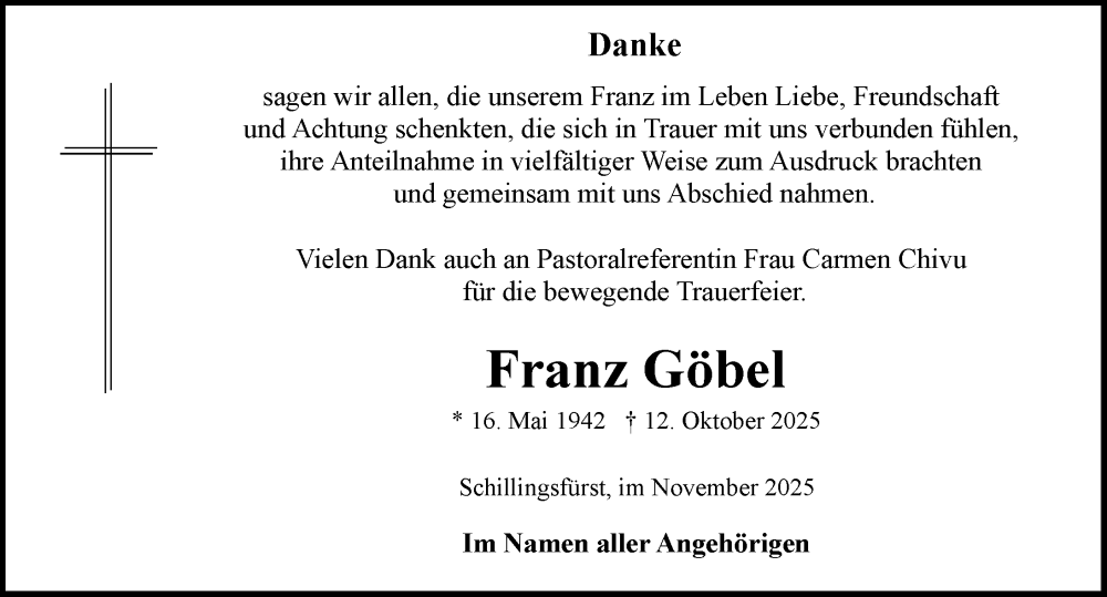  Traueranzeige für Franz Göbel vom 22.11.2025 aus Rothenburg