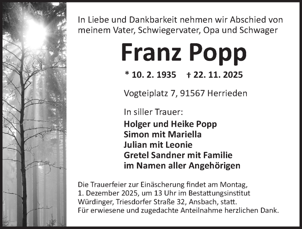  Traueranzeige für Franz Popp vom 29.11.2025 aus GE