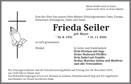 Traueranzeige von Frieda Seiler von Ansbach