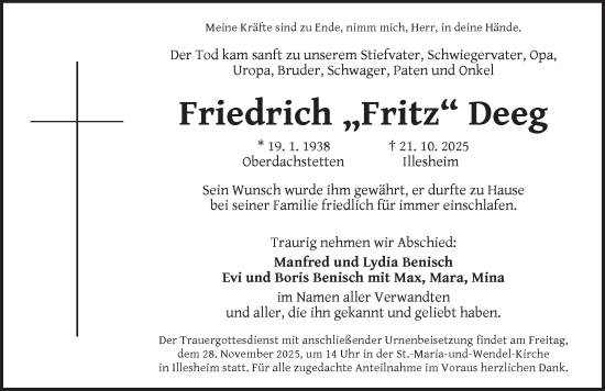 Traueranzeige von Friedrich Deeg von Neustadt/ Scheinfeld/ Uffenheim