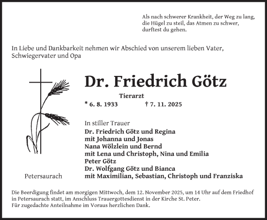 Traueranzeige von Friedrich Götz von Ansbach