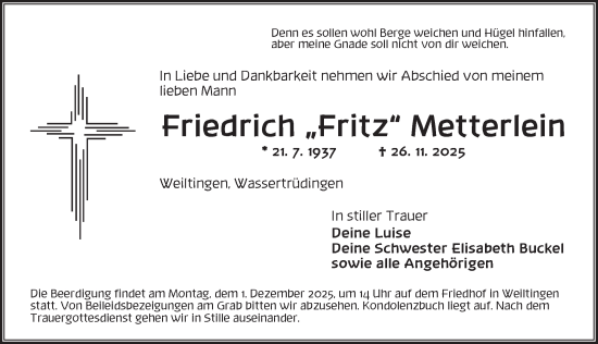 Traueranzeige von Friedrich Metterlein von Dinkelsbühl/ Feuchtwangen