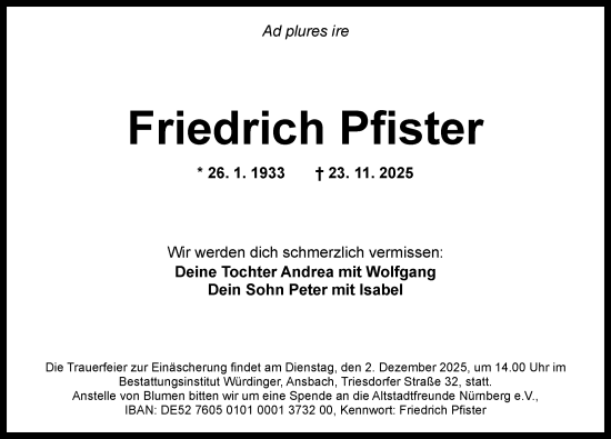 Traueranzeige von Friedrich Pfister von Ansbach