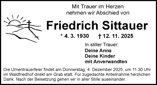 Traueranzeige von Friedrich Sittauer von Ansbach