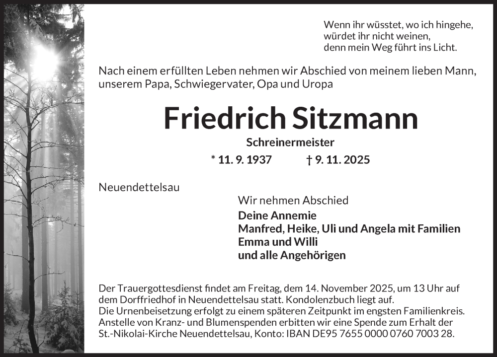  Traueranzeige für Friedrich Sitzmann vom 12.11.2025 aus Ansbach