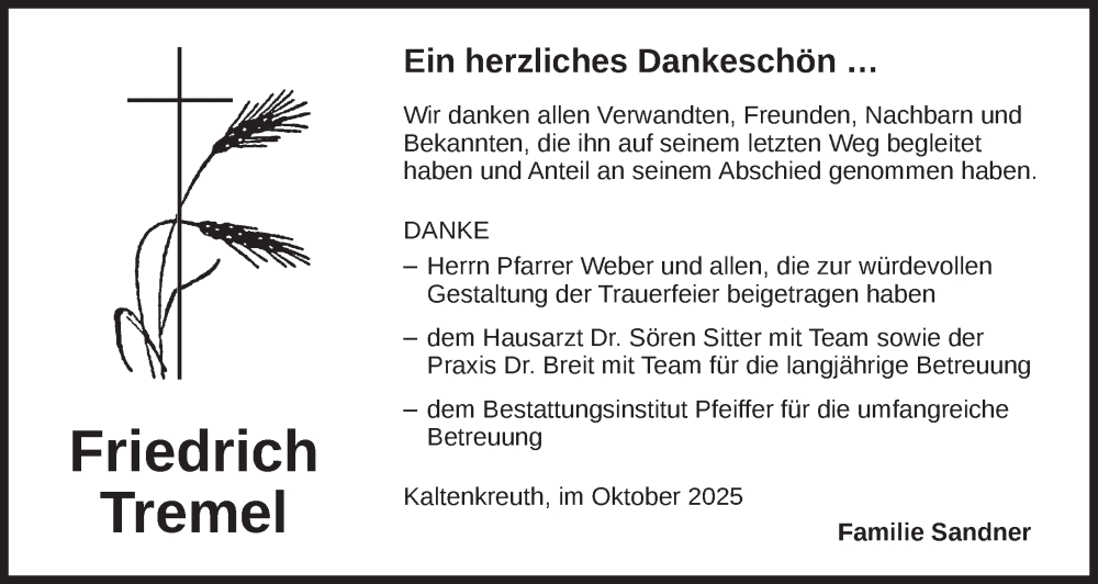  Traueranzeige für Friedrich Tremel vom 08.11.2025 aus Dinkelsbühl/ Feuchtwangen