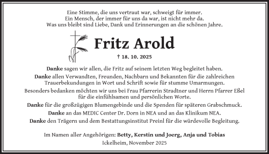 Traueranzeige von Fritz Arold von Neustadt/ Scheinfeld/ Uffenheim