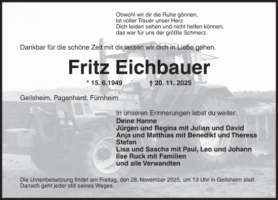 Traueranzeige von Fritz Eichbauer von Dinkelsbühl/ Feuchtwangen