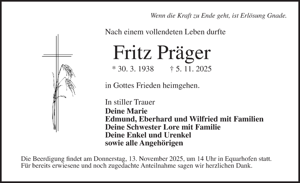  Traueranzeige für Fritz Präger vom 11.11.2025 aus Neustadt/ Scheinfeld/ Uffenheim