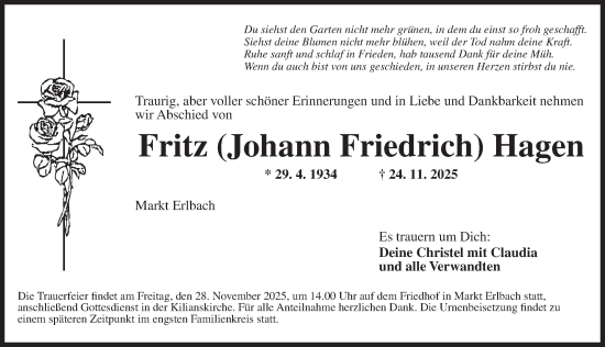 Traueranzeige von Fritz Johann Friedrich Hagen von Neustadt/ Scheinfeld/ Uffenheim