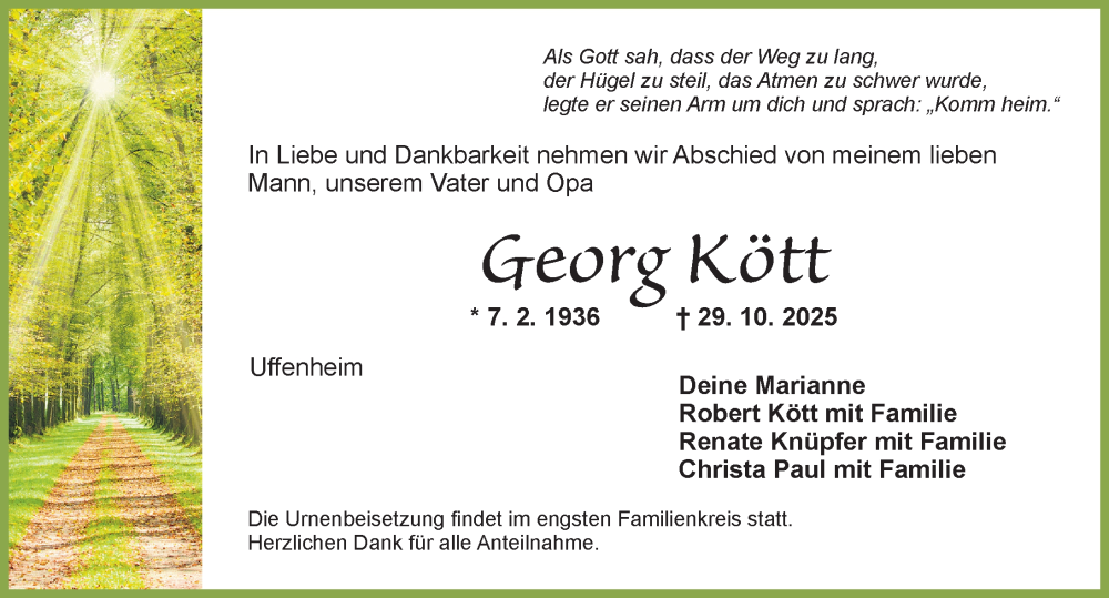  Traueranzeige für Georg Kött vom 08.11.2025 aus Neustadt/ Scheinfeld/ Uffenheim