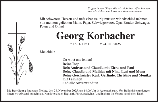 Traueranzeige von Georg Korbacher von Rothenburg