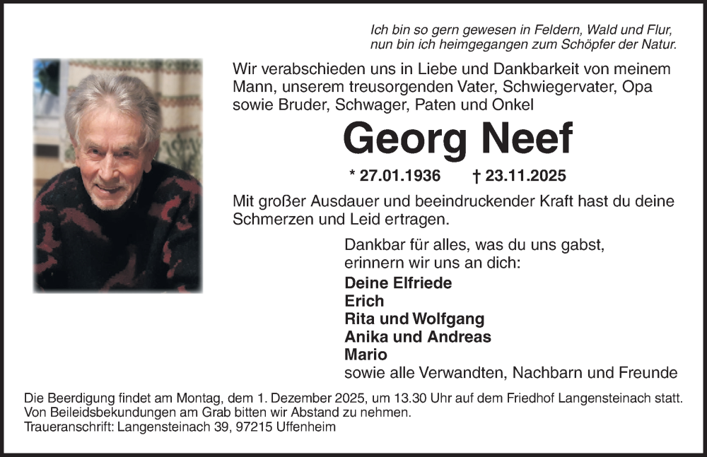  Traueranzeige für Georg Neef vom 29.11.2025 aus Neustadt/ Scheinfeld/ Uffenheim