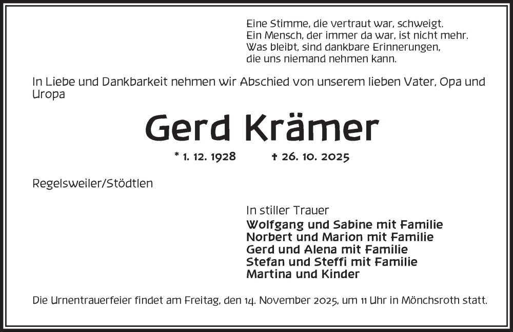  Traueranzeige für Gerd Krämer vom 12.11.2025 aus Dinkelsbühl/ Feuchtwangen