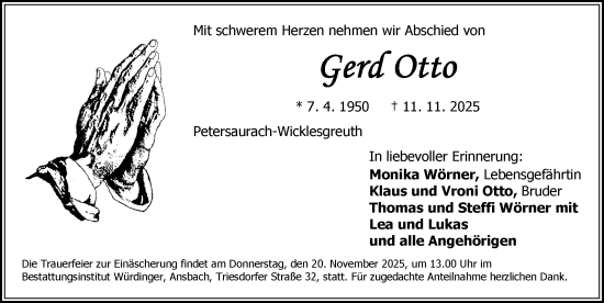 Traueranzeige von Gerd Otto von Ansbach