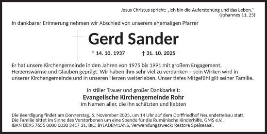 Traueranzeige von Gerd Sander von Ansbach