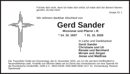 Traueranzeige von Gerd Sander von Ansbach