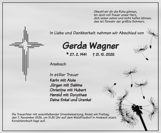Traueranzeige von Gerda Wagner von Ansbach