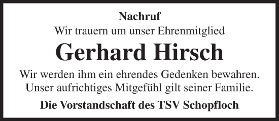 Traueranzeige von Gerhard Hirsch von Dinkelsbühl/ Feuchtwangen