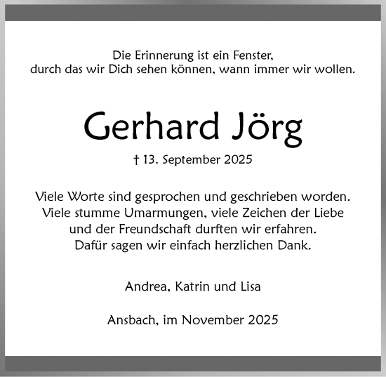 Traueranzeige von Gerhard Jörg von Ansbach