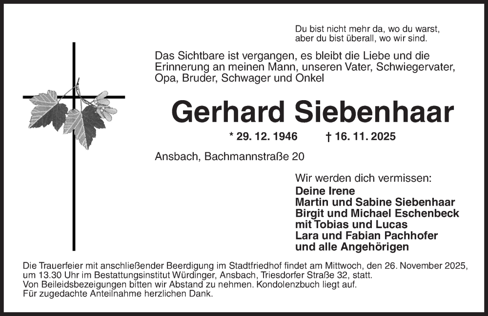  Traueranzeige für Gerhard Siebenhaar vom 22.11.2025 aus GE