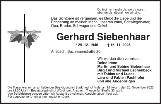Traueranzeige von Gerhard Siebenhaar von GE