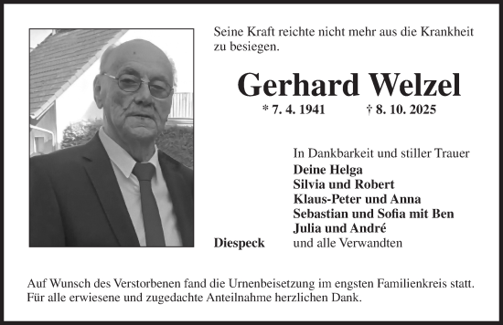 Traueranzeige von Gerhard Welzel von Neustadt/ Scheinfeld/ Uffenheim